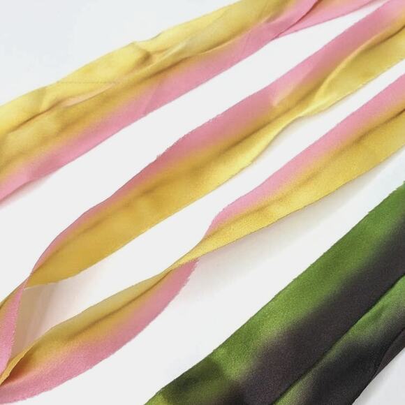 Hand Dyed Silk Ribbons Lot of 3 Artisan Made Ombre Pattern Yellow Pink Green NEW - Picture 3 of 7